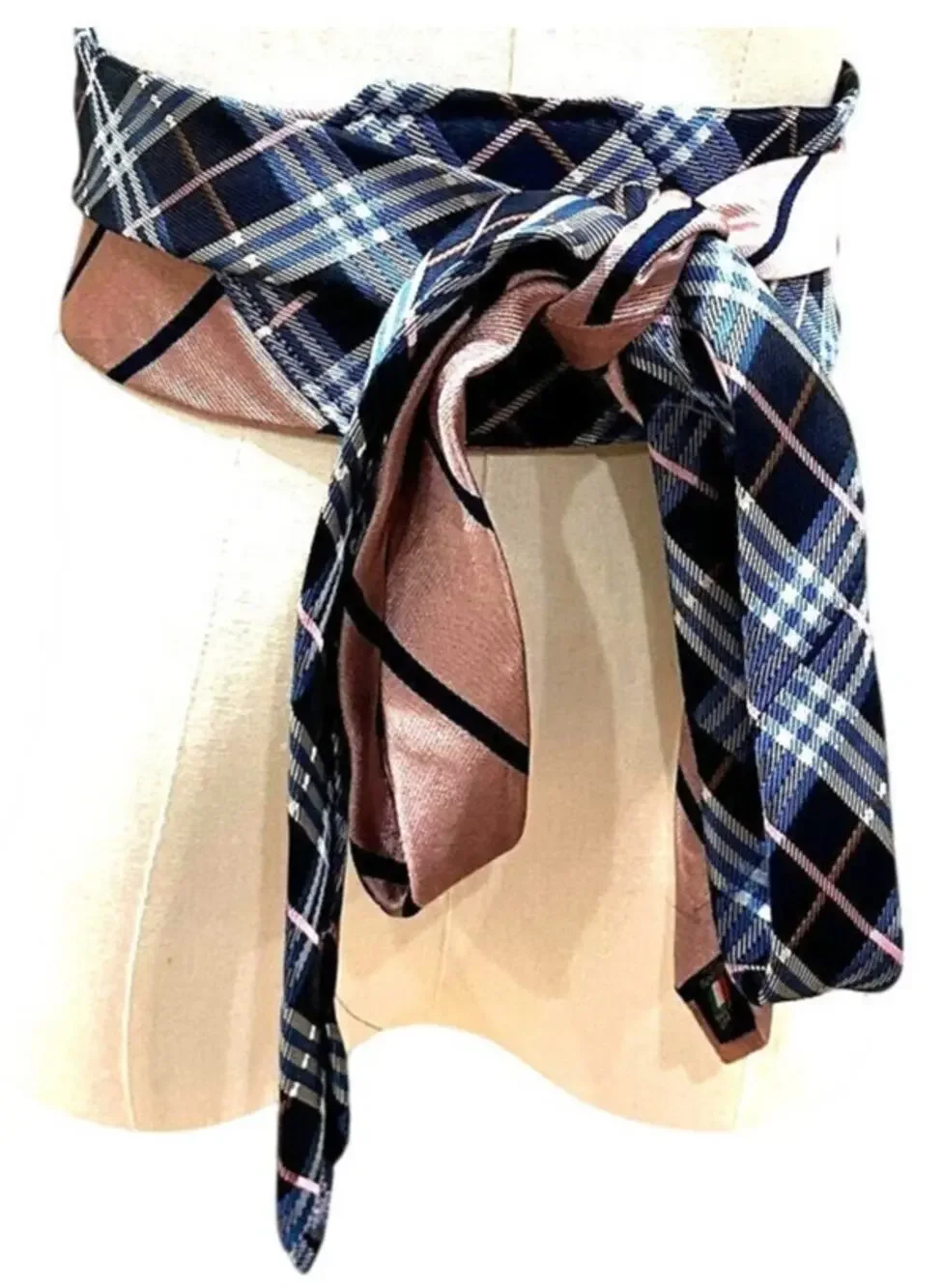Unique Blue Pink Satin Obi Belt Wide One Size Upcycle Plaid Preppy One of a Kind